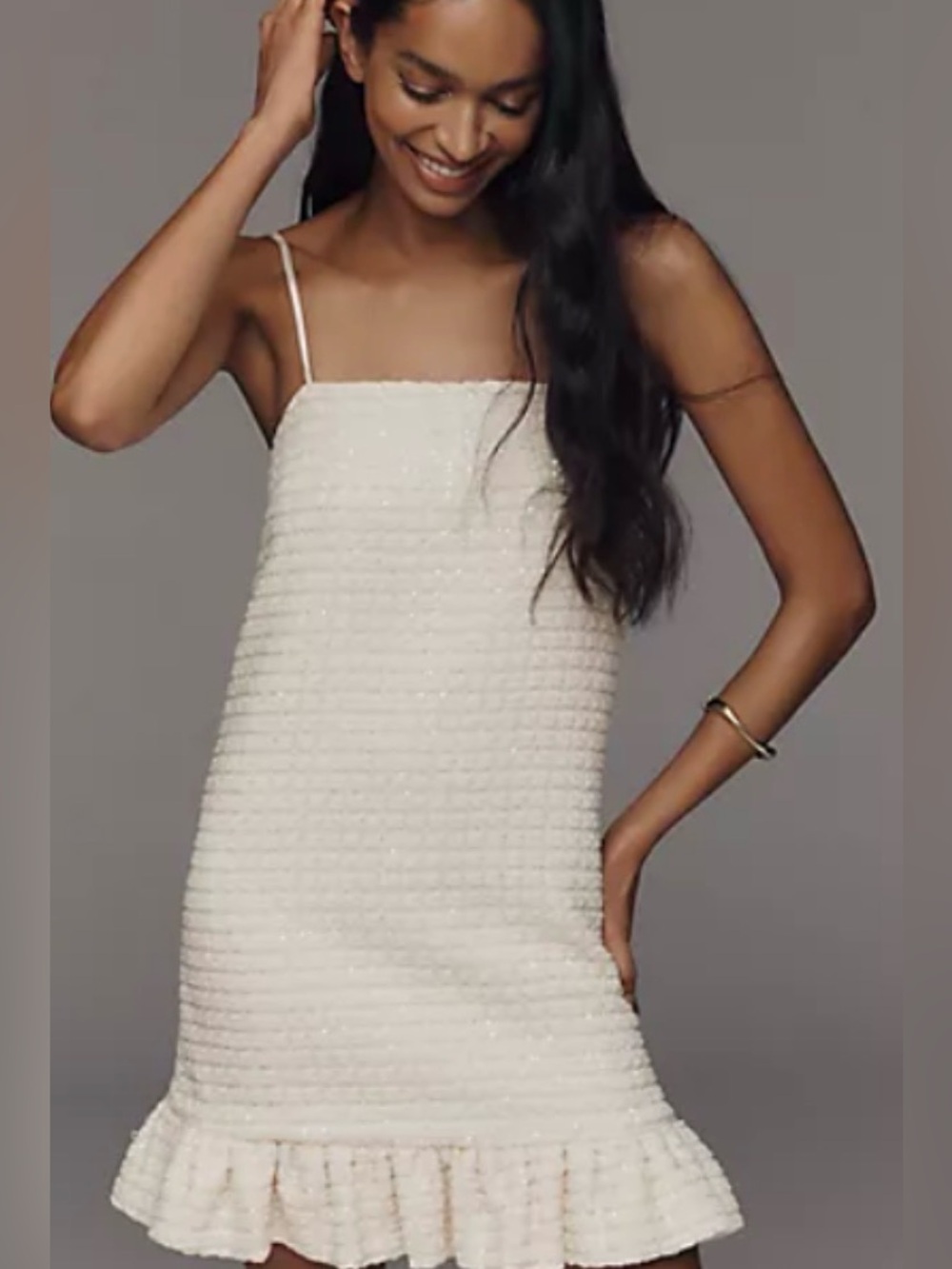 Sunday in Brooklyn Ivory Textured Iridescent Sequin Mini Dress/Ruffled-Hem: M